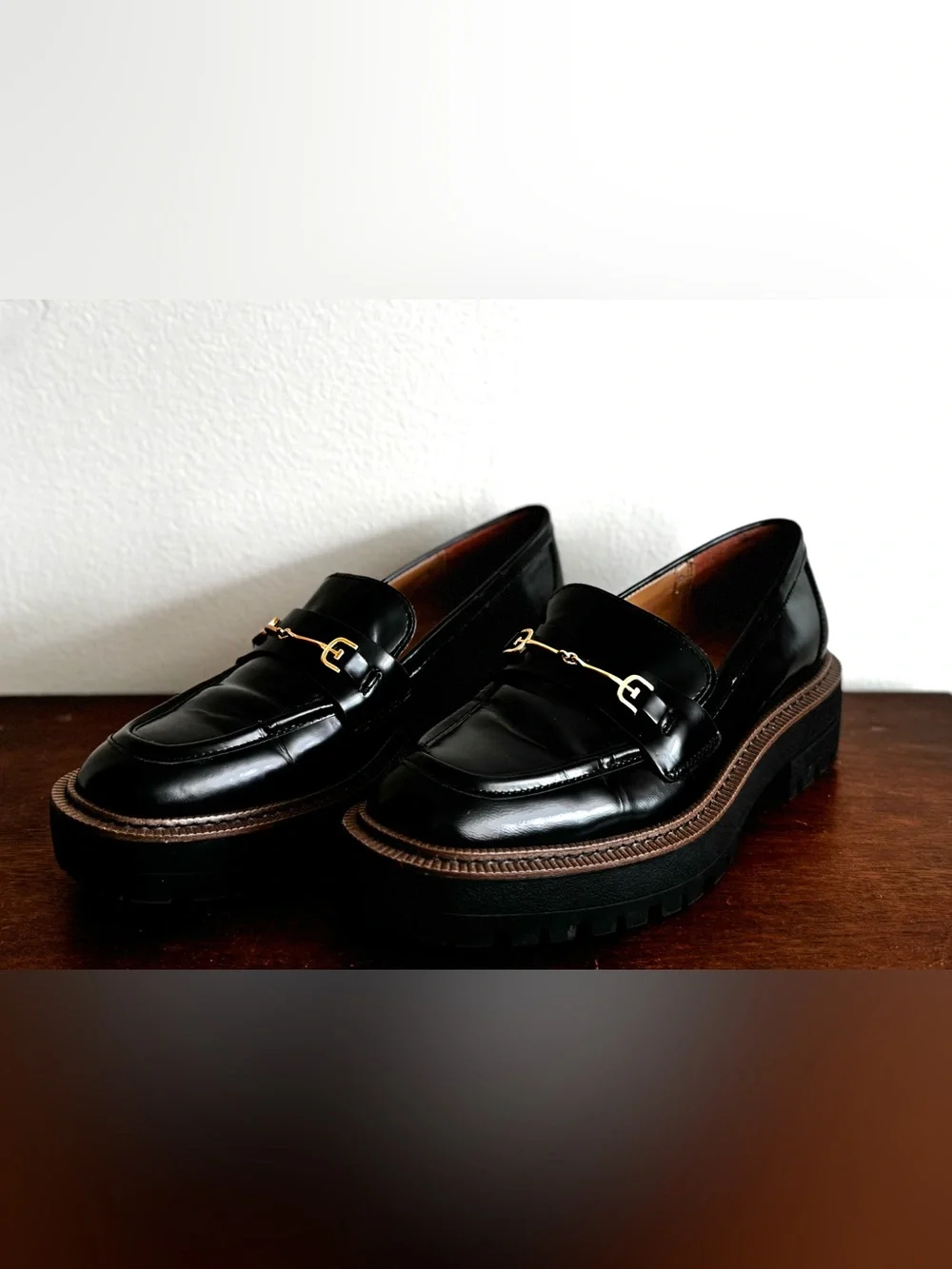 Sam Edelman Black Leather Loafers with Gold Bit
